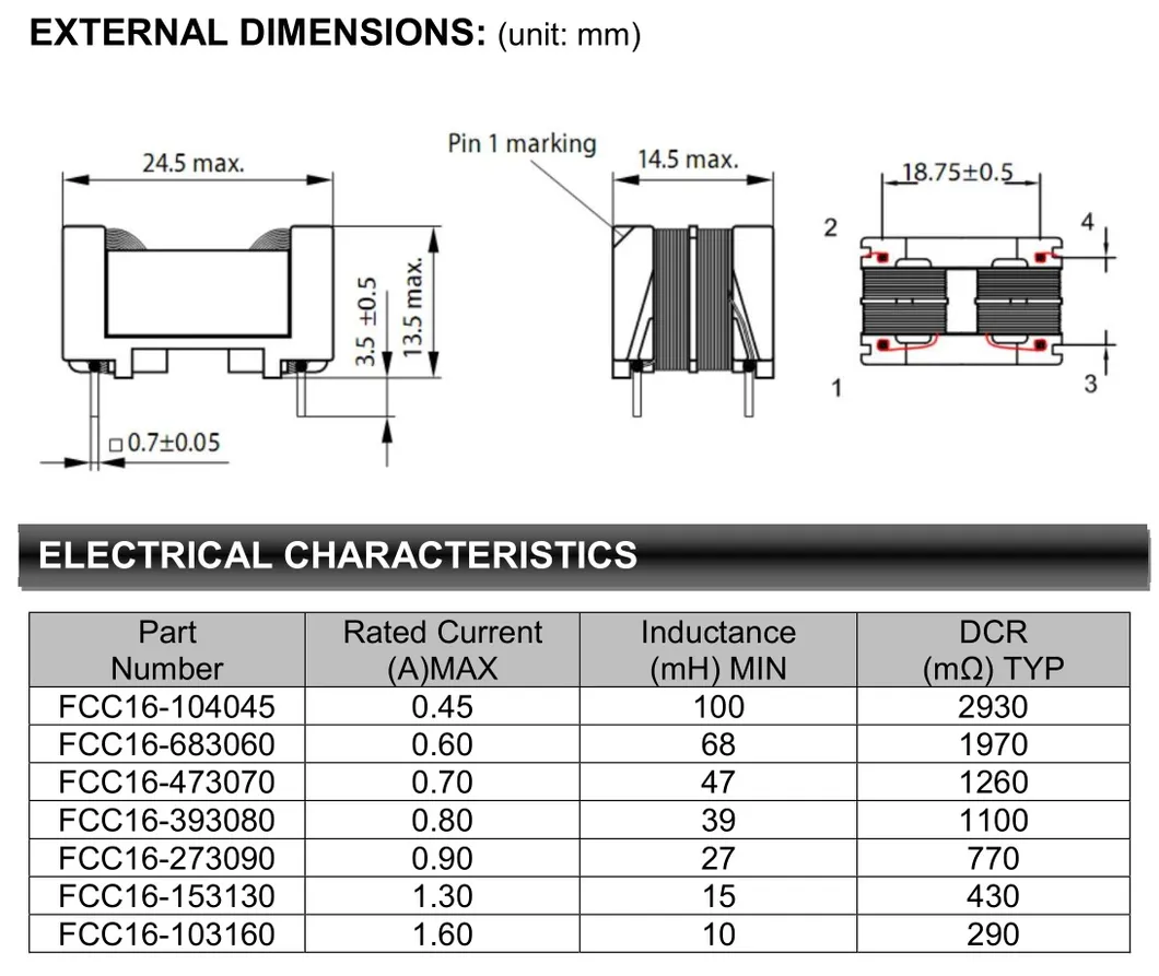 Filterinduktor für den allgemeinen Modus mit Rahmenkern (FCC1614-Serie, 0,6A, 68mH)